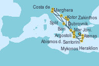 Visitando Atenas (Grecia), Santorini (Grecia), Heraklion (Creta), Zakinthos (Grecia), Mar Jónico - Experiencia a bordo, Mar Jónico - Experiencia a bordo, Kotor (Montenegro), Dubrovnik (Croacia), Split (Croacia), Marghera (Venecia/Italia), Costa de Venecia, Bari (Italia), Abismos de Calipso, Abismos de Calipso, Santorini (Grecia), Mykonos (Grecia), Argostoli (Grecia), Mar Jónico - Experiencia a bordo, Mar Jónico - Experiencia a bordo, Marghera (Venecia/Italia)