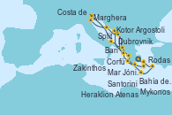 Visitando Atenas (Grecia), Santorini (Grecia), Heraklion (Creta), Zakinthos (Grecia), Mar Jónico - Experiencia a bordo, Mar Jónico - Experiencia a bordo, Kotor (Montenegro), Dubrovnik (Croacia), Split (Croacia), Marghera (Venecia/Italia), Costa de Venecia, Bari (Italia), Corfú (Grecia), Argostoli (Grecia), Bahía de Souda (Grecia), Rodas (Grecia), Mykonos (Grecia), Atenas (Grecia)