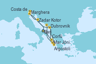 Visitando Bari (Italia), Corfú (Grecia), Argostoli (Grecia), Mar Jónico - Experiencia a bordo, Mar Jónico - Experiencia a bordo, Dubrovnik (Croacia), Kotor (Montenegro), Zadar (Croacia), Marghera (Venecia/Italia), Costa de Venecia, Bari (Italia)