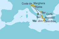 Visitando Bari (Italia), Corfú (Grecia), Mar Jónico - Experiencia a bordo, Mar Jónico - Experiencia a bordo, Zakinthos (Grecia), Argostoli (Grecia), Bar ( Montenegro), Rijeka (Croacia), Marghera (Venecia/Italia), Costa de Venecia, Bari (Italia)