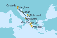Visitando Bari (Italia), Corfú (Grecia), Mar Jónico - Experiencia a bordo, Mar Jónico - Experiencia a bordo, Argostoli (Grecia), Dubrovnik (Croacia), Kotor (Montenegro), Zadar (Croacia), Marghera (Venecia/Italia), Costa de Venecia, Bari (Italia)