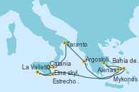 Visitando Catania (Sicilia)Etna skyline, Taranto (Italia), Argostoli (Grecia), Mykonos (Grecia), Bahía de Miconos, Bahía de Miconos, Atenas (Grecia), La Valletta (Malta), Estrecho de Sicilia - Experiencia a Bordo, Estrecho de Sicilia - Experiencia a Bordo, Catania (Sicilia)