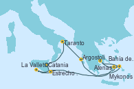 Visitando Catania (Sicilia), Taranto (Italia), Argostoli (Grecia), Mykonos (Grecia), Bahía de Miconos, Bahía de Miconos, Atenas (Grecia), La Valletta (Malta), Estrecho de Sicilia - Experiencia a Bordo, Estrecho de Sicilia - Experiencia a Bordo, Catania (Sicilia)