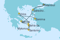 Visitando Estambul (Turquía), Esmirna (Turquía), Volos (Grecia), Mykonos (Grecia), Bahía de Mykonos - Experiencia a bordo, Bahía de Mykonos - Experiencia a bordo, Santorini (Grecia), Santorini (Grecia), Atenas (Grecia), Estrecho de Dardanelos - Experiencia a bordo, Estambul (Turquía)