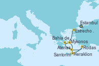 Visitando Estambul (Turquía), Mykonos (Grecia), Bahía de Miconos, Bahía de Miconos, Heraklion (Creta), Rodas (Grecia), Santorini (Grecia), Santorini (Grecia), Atenas (Grecia), Estrecho de Dardanelos (Turquia), Estambul (Turquía)
