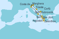 Visitando Marghera (Venecia/Italia)Costa de Venecia, Bari (Italia), Corfú (Grecia), Mar Jónico - Experiencia a bordo, Mar Jónico - Experiencia a bordo, Zakinthos (Grecia), Argostoli (Grecia), Dubrovnik (Croacia), Split (Croacia), Trieste (Italia)
