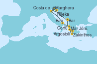 Visitando Marghera (Venecia/Italia)Costa de Venecia, Bari (Italia), Corfú (Grecia), Mar Jónico - Experiencia a bordo, Mar Jónico - Experiencia a bordo, Zakinthos (Grecia), Argostoli (Grecia), Bar ( Montenegro), Rijeka (Croacia), Marghera (Venecia/Italia)