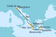 Visitando Marghera (Venecia/Italia)Costa de Venecia, Bari (Italia), Abismos de Calipso, Abismos de Calipso, Santorini (Grecia), Mykonos (Grecia), Katakolon (Olimpia/Grecia), Mar Jónico - Experiencia a bordo, Mar Jónico - Experiencia a bordo, Marghera (Venecia/Italia)