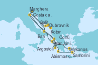 Visitando Marghera (Venecia/Italia)Costa de Venecia, Bari (Italia), Corfú (Grecia), Mar Jónico - Experiencia a bordo, Mar Jónico - Experiencia a bordo, Argostoli (Grecia), Kotor (Montenegro), Dubrovnik (Croacia), Split (Croacia), Marghera (Venecia/Italia), Costa de Venecia, Bari (Italia), Abismos de Calipso, Abismos de Calipso, Santorini (Grecia), Mykonos (Grecia), Argostoli (Grecia), Mar Jónico - Experiencia a bordo, Mar Jónico - Experiencia a bordo, Marghera (Venecia/Italia)