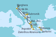 Visitando Marghera (Venecia/Italia)Costa de Venecia, Bari (Italia), Corfú (Grecia), Mar Jónico - Experiencia a bordo, Mar Jónico - Experiencia a bordo, Zakinthos (Grecia), Argostoli (Grecia), Dubrovnik (Croacia), Split (Croacia), Marghera (Venecia/Italia), Costa de Venecia, Bari (Italia), Abismos de Calipso, Abismos de Calipso, Santorini (Grecia), Mykonos (Grecia), Argostoli (Grecia), Mar Jónico - Experiencia a bordo, Mar Jónico - Experiencia a bordo, Marghera (Venecia/Italia)