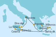 Visitando Taranto (Italia), Argostoli (Grecia), Mykonos (Grecia), Bahía de Miconos, Bahía de Miconos, Atenas (Grecia), La Valletta (Malta), Estrecho de Sicilia - Experiencia a Bordo, Estrecho de Sicilia - Experiencia a Bordo, Catania (Sicilia), Etna skyline, Taranto (Italia)