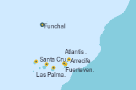 Visitando Funchal (Madeira), Santa Cruz de Tenerife (España), Fuerteventura (Canarias/España), Arrecife (Lanzarote/España), Arrecife (Lanzarote/España), Atlantis crest Oeste, Las Palmas de Gran Canaria (España), Fuerteventura (Canarias/España), Santa Cruz de la Palma (España), Santa Cruz de Tenerife (España), Funchal (Madeira)