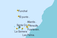 Visitando Santa Cruz de Tenerife (España), Fuerteventura (Canarias/España), Arrecife (Lanzarote/España), Atlantis crest Oeste - Experiencia a bordo, La Gomera (Islas Canarias/España), Las Palmas de Gran Canaria (España), Funchal (Madeira), Mar de las islas Canarias - Experiencia a bordo, Mar de las islas Canarias - Experiencia a bordo, Santa Cruz de Tenerife (España)