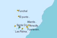 Visitando Santa Cruz de Tenerife (España), Fuerteventura (Canarias/España), Arrecife (Lanzarote/España), Atlantis crest Oeste, Santa Cruz de la Palma (España), Las Palmas de Gran Canaria (España), Funchal (Madeira), Mar de las islas Canarias - Experiencia a bordo, Mar de las islas Canarias - Experiencia a bordo, Santa Cruz de Tenerife (España)