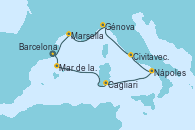 Visitando BarcelonaMar de las Baleares - Experiencia a bordo, Mar de las Baleares - Experiencia a bordo, Cagliari (Cerdeña), Nápoles (Italia), Civitavecchia (Roma), Génova (Italia), Marsella (Francia), Barcelona Visitando BarcelonaMar de las Baleares - Experiencia a bordo, Mar de las Baleares - Experiencia a bordo, Cagliari (Cerdeña), Nápoles (Italia), Civitavecchia (Roma), Génova (Italia), Marsella (Francia), Barcelona