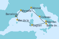 Visitando BarcelonaMar de las Baleares - Experiencia a bordo, Mar de las Baleares - Experiencia a bordo, Cagliari (Cerdeña), Bahía de Capri - Experiencia a bordo, Nápoles (Italia), Civitavecchia (Roma), Génova (Italia), Marsella (Francia), Barcelona