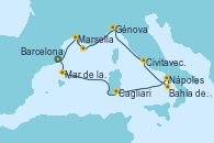 Visitando BarcelonaMar de las Baleares - Experiencia a bordo, Mar de las Baleares - Experiencia a bordo, Cagliari (Cerdeña), Bahía de Capri - Experiencia a bordo, Nápoles (Italia), Civitavecchia (Roma), Génova (Italia), Bahía de las Calanques - Experiencia a bordo, Marsella (Francia), Barcelona