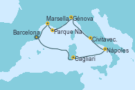 Visitando Barcelona, Cagliari (Cerdeña), Nápoles (Italia), Civitavecchia (Roma), Génova (Italia), Bahía de las Calanques - Experiencia a bordo, Marsella (Francia), Barcelona