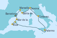 Visitando BarcelonaMar de las Baleares - Experiencia a bordo, Mar de las Baleares - Experiencia a bordo, Ibiza (España), Bahía de Ibiza, Palermo (Italia), Civitavecchia (Roma), Savona (Italia), Bahía de las Calanques - Experiencia a bordo, Marsella (Francia), Barcelona