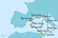 Visitando BarcelonaMar de las Baleares - Experiencia a bordo, Mar de las Baleares - Experiencia a bordo, Palma de Mallorca (España), La Goulette (Tunez), Golfo de Túnez, Palermo (Italia), Civitavecchia (Roma), Savona (Italia), Marsella (Francia), Barcelona