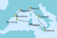 Visitando Cagliari (Cerdeña), Palermo (Italia), Civitavecchia (Roma), Savona (Italia), Marsella (Francia), Barcelona, Mar de las Baleares - Experiencia a bordo, Mar de las Baleares - Experiencia a bordo, Cagliari (Cerdeña)