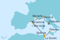 Visitando Civitavecchia (Roma), Savona (Italia), Marsella (Francia), Barcelona, Mar de las Baleares - Experiencia a bordo, Mar de las Baleares - Experiencia a bordo, La Goulette (Tunez), Golfo de Túnez, Palermo (Italia)