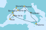 Visitando Civitavecchia (Roma), Savona (Italia), Bahía de las Calanques - Experiencia a bordo, Marsella (Francia), Ibiza (España), Barcelona, Mar de las Baleares - Experiencia a bordo, Mar de las Baleares - Experiencia a bordo, Palermo (Italia), Civitavecchia (Roma)