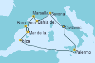 Visitando Civitavecchia (Roma), Savona (Italia), Bahía de las Calanques - Experiencia a bordo, Marsella (Francia), Barcelona, Mar de las Baleares - Experiencia a bordo, Mar de las Baleares - Experiencia a bordo, Ibiza (España), Palermo (Italia), Civitavecchia (Roma)