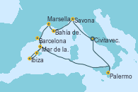 Visitando Civitavecchia (Roma), Savona (Italia), Bahía de las Calanques - Experiencia a bordo, Marsella (Francia), Barcelona, Mar de las Baleares - Experiencia a bordo, Mar de las Baleares - Experiencia a bordo, Ibiza (España), Bahía de Ibiza, Palermo (Italia), Civitavecchia (Roma)