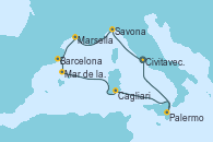 Visitando Civitavecchia (Roma), Savona (Italia), Marsella (Francia), Barcelona, Mar de las Baleares - Experiencia a bordo, Mar de las Baleares - Experiencia a bordo, Cagliari (Cerdeña), Palermo (Italia), Civitavecchia (Roma)