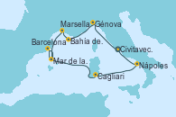 Visitando Civitavecchia (Roma), Génova (Italia), Bahía de las Calanques - Experiencia a bordo, Marsella (Francia), Barcelona, Mar de las Baleares - Experiencia a bordo, Mar de las Baleares - Experiencia a bordo, Cagliari (Cerdeña), Nápoles (Italia), Civitavecchia (Roma)