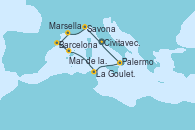 Visitando Civitavecchia (Roma), Savona (Italia), Marsella (Francia), Barcelona, Mar de las Baleares - Experiencia a bordo, Mar de las Baleares - Experiencia a bordo, La Goulette (Tunez), Palermo (Italia), Civitavecchia (Roma)