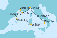 Visitando Civitavecchia (Roma), Génova (Italia), Bahía de las Calanques - Experiencia a bordo, Marsella (Francia), Barcelona, Mar de las Baleares - Experiencia a bordo, Mar de las Baleares - Experiencia a bordo, Cagliari (Cerdeña), Bahía de Capri - Experiencia a bordo, Nápoles (Italia), Civitavecchia (Roma)