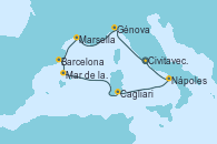 Visitando Civitavecchia (Roma), Génova (Italia), Marsella (Francia), Barcelona, Mar de las Baleares - Experiencia a bordo, Mar de las Baleares - Experiencia a bordo, Cagliari (Cerdeña), Nápoles (Italia), Civitavecchia (Roma)