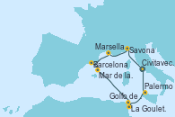 Visitando Civitavecchia (Roma), Savona (Italia), Marsella (Francia), Barcelona, Mar de las Baleares - Experiencia a bordo, Mar de las Baleares - Experiencia a bordo, La Goulette (Tunez), Golfo de Túnez, Palermo (Italia), Civitavecchia (Roma)