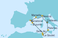 Visitando Civitavecchia (Roma), Savona (Italia), Marsella (Francia), Barcelona, Mar de las Baleares - Experiencia a bordo, Mar de las Baleares - Experiencia a bordo, La Goulette (Tunez), Golfo de Túnez, Palermo (Italia), Civitavecchia (Roma)