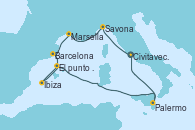 Visitando Civitavecchia (Roma), Savona (Italia), Marsella (Francia), Barcelona, Mar de las Baleares - Experiencia a bordo, Mar de las Baleares - Experiencia a bordo, Ibiza (España), Palermo (Italia), Civitavecchia (Roma)
