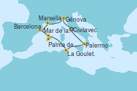 Visitando Civitavecchia (Roma), Génova (Italia), Marsella (Francia), Barcelona, Mar de las Baleares - Experiencia a bordo, Mar de las Baleares - Experiencia a bordo, Palma de Mallorca (España), La Goulette (Tunez), Palermo (Italia), Civitavecchia (Roma)