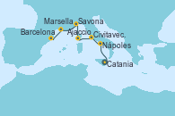 Visitando Catania (Sicilia), Nápoles (Italia), Civitavecchia (Roma), Ajaccio (Córcega), Savona (Italia), Marsella (Francia), Barcelona