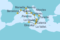 Visitando Catania (Sicilia)Etna skyline, Taranto (Italia), La Valletta (Malta), La Goulette (Tunez), Palermo (Italia), Nápoles (Italia), Civitavecchia (Roma), Ajaccio (Córcega), Savona (Italia), Marsella (Francia), Barcelona