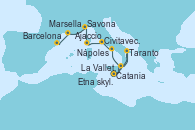 Visitando Catania (Sicilia)Etna skyline, Taranto (Italia), La Valletta (Malta), Catania (Sicilia), Nápoles (Italia), Civitavecchia (Roma), Ajaccio (Córcega), Savona (Italia), Marsella (Francia), Barcelona