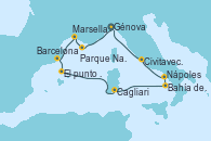 Visitando Génova (Italia), Bahía de las Calanques - Experiencia a bordo, Marsella (Francia), Barcelona, Mar de las Baleares - Experiencia a bordo, Mar de las Baleares - Experiencia a bordo, Cagliari (Cerdeña), Bahía de Capri - Experiencia a bordo, Nápoles (Italia), Civitavecchia (Roma), Génova (Italia)