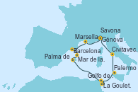 Visitando Génova (Italia), Marsella (Francia), Barcelona, Mar de las Baleares - Experiencia a bordo, Mar de las Baleares - Experiencia a bordo, Palma de Mallorca (España), La Goulette (Tunez), Golfo de Túnez, Palermo (Italia), Civitavecchia (Roma), Savona (Italia)