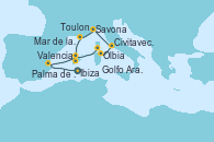 Visitando Ibiza (España), Valencia, Mar de las Baleares - Experiencia a bordo, Mar de las Baleares - Experiencia a bordo, Olbia (Cerdeña), Golfo Aranci, Civitavecchia (Roma), Savona (Italia), Toulon (Francia), Palma de Mallorca (España)