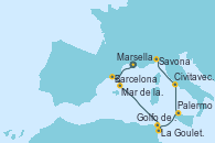 Visitando Marsella (Francia), Barcelona, Mar de las Baleares - Experiencia a bordo, Mar de las Baleares - Experiencia a bordo, La Goulette (Tunez), Golfo de Túnez, Palermo (Italia), Civitavecchia (Roma), Savona (Italia)