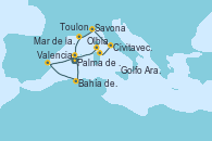 Visitando Palma de Mallorca (España)Bahía de Palma, Bahía de Palma, Valencia, Mar de las Baleares - Experiencia a bordo, Mar de las Baleares - Experiencia a bordo, Olbia (Cerdeña), Golfo Aranci, Civitavecchia (Roma), Savona (Italia), Toulon (Francia), Palma de Mallorca (España)