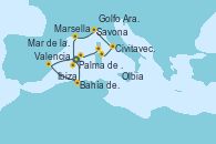 Visitando Palma de Mallorca (España)Bahía de Palma, Bahía de Palma, Valencia, Mar de las Baleares - Experiencia a bordo, Mar de las Baleares - Experiencia a bordo, Olbia (Cerdeña), Golfo Aranci, Civitavecchia (Roma), Savona (Italia), Marsella (Francia), Ibiza (España)