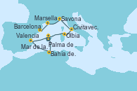 Visitando Palma de Mallorca (España)Bahía de Palma, Bahía de Palma, Valencia, Mar de las Baleares - Experiencia a bordo, Mar de las Baleares - Experiencia a bordo, Olbia (Cerdeña), Civitavecchia (Roma), Savona (Italia), Marsella (Francia), Barcelona