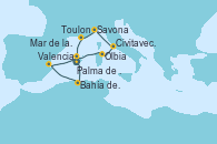 Visitando Palma de Mallorca (España)Bahía de Palma, Bahía de Palma, Valencia, Mar de las Baleares - Experiencia a bordo, Mar de las Baleares - Experiencia a bordo, Olbia (Cerdeña), Civitavecchia (Roma), Savona (Italia), Toulon (Francia), Palma de Mallorca (España)