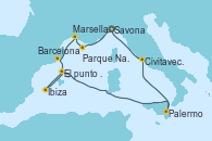 Visitando Savona (Italia), Bahía de las Calanques - Experiencia a bordo, Marsella (Francia), Barcelona, Mar de las Baleares - Experiencia a bordo, Mar de las Baleares - Experiencia a bordo, Ibiza (España), Palermo (Italia), Civitavecchia (Roma), Savona (Italia)